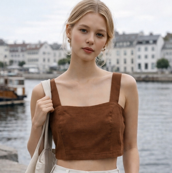 OAK + FORT Tops - OAK + FORT Teak Linen Blend Crop Top Smocked Back Minimalist Tank Size S NWT